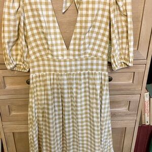 Blue Tassel Textured Gingham Dress in Gold/Tan and White